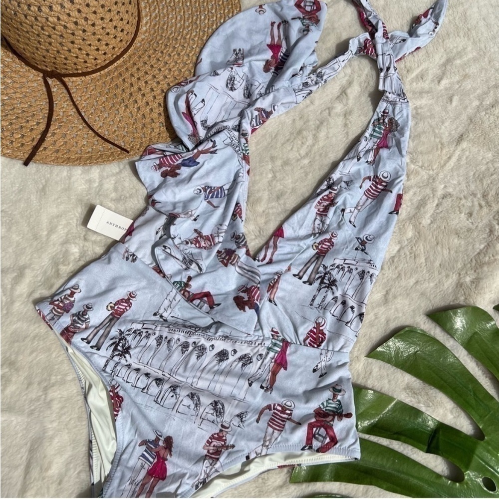 PatBO Rio Print Ruffle Deep V One Piece Swimsuit NWT Brazil Anthro Large - Picture 12 of 12